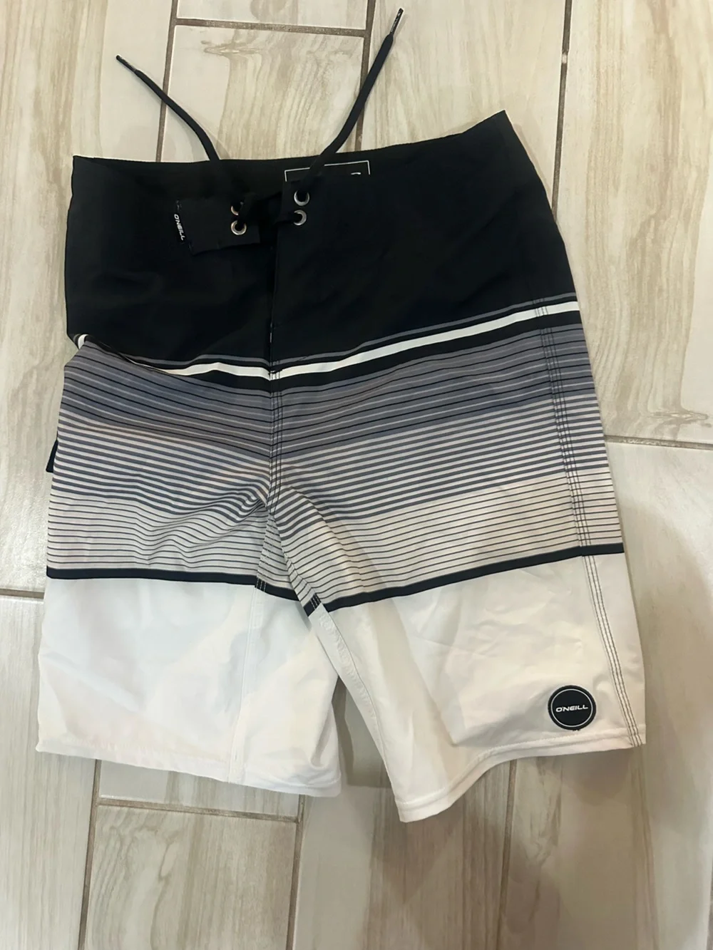 O'Neill Black and White Striped Swim Trunks